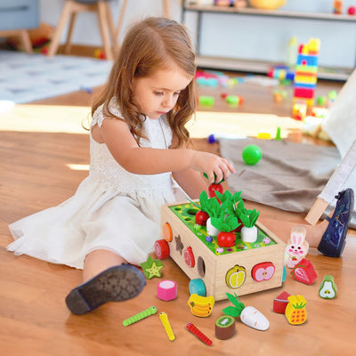 KMTJT Kinder Montessori Spielzeug ab 1 2 3 Jahr | 7-in-1 Holzspielzeug 2 Jahre | Steckspiel Sortierspiel Holzpuzzle Karottenernte | Lernspielzeug Geschenk für Mädchen Jungen Kinder Kleinkind