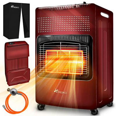 TRESKO 4200 Watt Gasheizung inkl. Gasdruckregler Gasschlauch + Abdeckung | Gasheizer Gasofen Gasheizofen mit 3 Stufen | Infrarot Gasheizgerät, Strahlend (Rot)