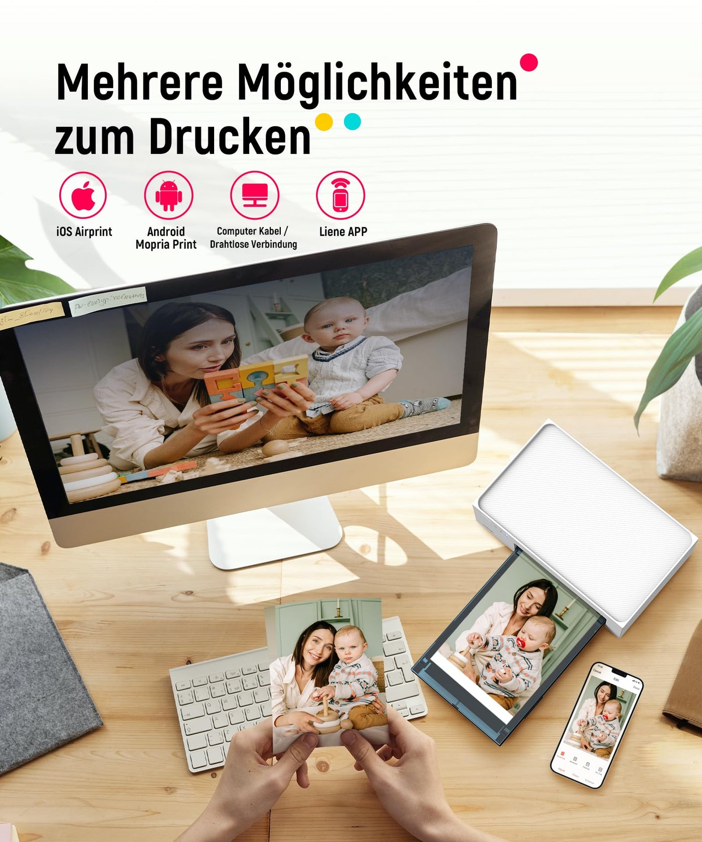 Liene Fotodrucker für Smartphone(10x15 cm)+Set mit 2 Packungen(20+80 Blatt) Fotopapier/Patrone,WiFi Handy Fotodrucker für iPhone/Android/PC, 300DPI Farbsublimation Sofortbilddrucker, Printer Portable