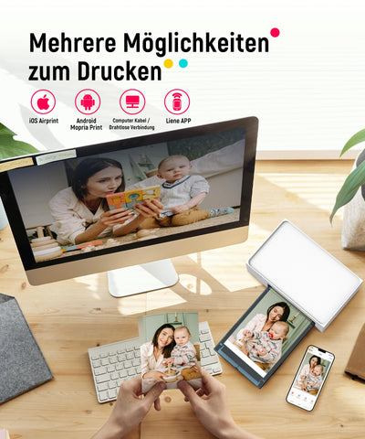 Liene Fotodrucker für Smartphone(10x15 cm)+Set mit 2 Packungen(20+80 Blatt) Fotopapier/Patrone,WiFi Handy Fotodrucker für iPhone/Android/PC, 300DPI Farbsublimation Sofortbilddrucker, Printer Portable