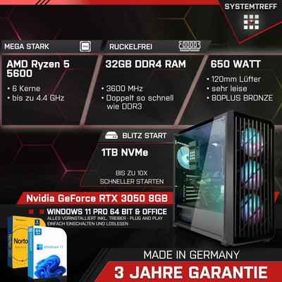 SYSTEMTREFF Basic Gaming Komplett PC Set AMD Ryzen 5 5600 6x4.4GHz | Nvidia RTX 3050 8GB DX12 | 1TB M.2 NVMe | 32GB DDR4 RAM | WLAN Desktop Paket Computer für Gamer, Gaming