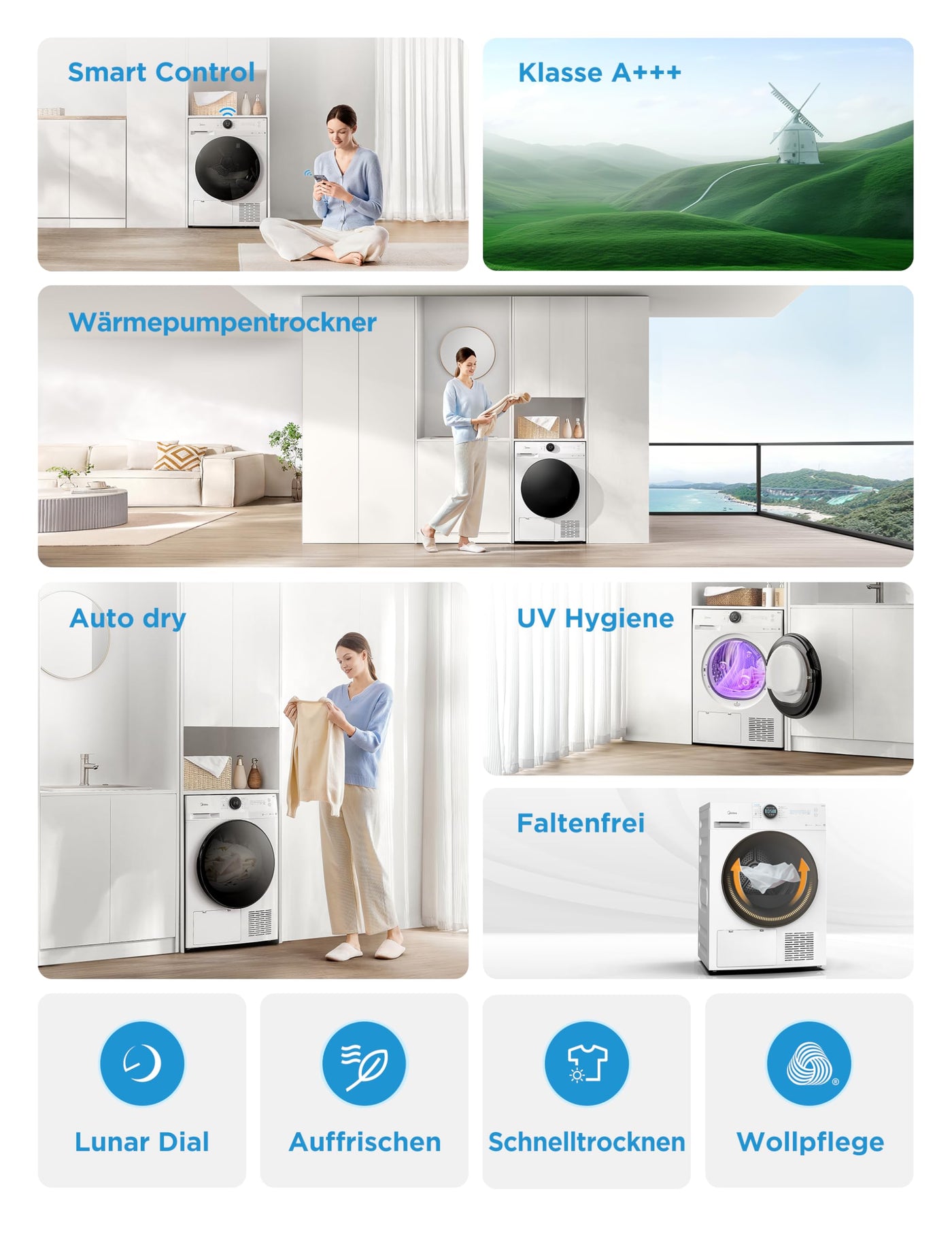 Midea MD20EH100WB-A3 Wärmepumpentrockner/ 10 kg/EEK A+++ / UV Hygience/Knitterschutz/Sanfte Pflege/Auto Dry/Wollpflege/Auffrischen/Fernsteuerung/Startzeitvorwahl/Weiß