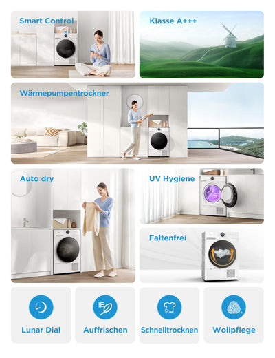 Midea MD20EH100WB-A3 Wärmepumpentrockner/ 10 kg/EEK A+++ / UV Hygience/Knitterschutz/Sanfte Pflege/Auto Dry/Wollpflege/Auffrischen/Fernsteuerung/Startzeitvorwahl/Weiß