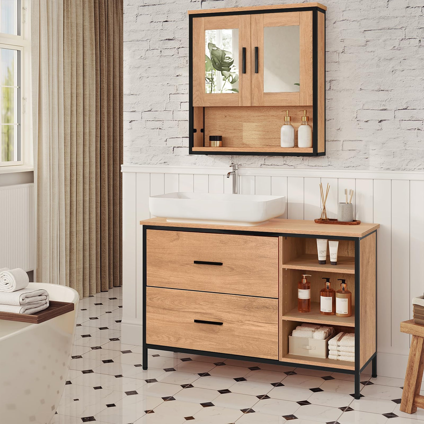 EUGAD Waschbeckenunterschrank, Badezimmerschrank mit 2 Schubladen 3 offenen Fächern, Unterschrank mit verstellbaren Ablagen, freistehender Waschtischunterschrank, 90x60x30 cm