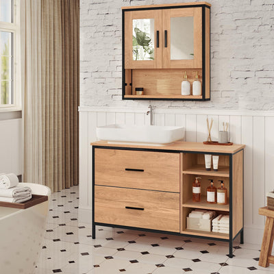 EUGAD Waschbeckenunterschrank, Badezimmerschrank mit 2 Schubladen 3 offenen Fächern, Unterschrank mit verstellbaren Ablagen, freistehender Waschtischunterschrank, 90x60x30 cm