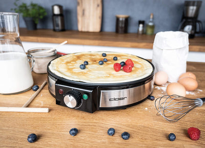 Cloer 6630 Crêpes-Maker, für süße oder herzhafte Crepes mit 30 cm Ø, 1200 W, Antihaftbeschichtung, inkl. Teigverteiler aus Holz und Wender, schwarz