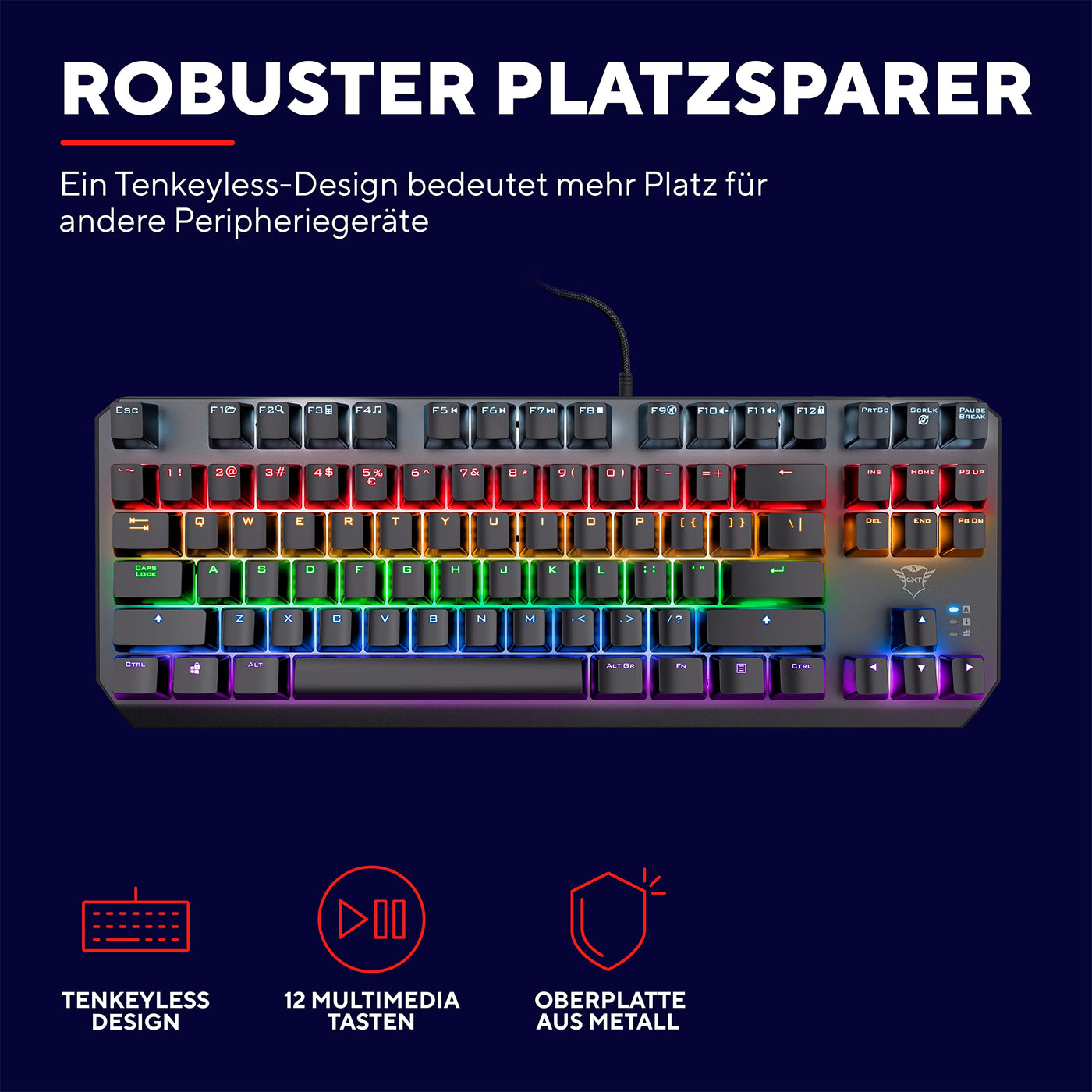 Trust Gaming GXT 834 Callaz TKL Mechanische Tastatur, Deutsches QWERTZ Layout, Outemu-Schalter, Mehrfarbige LED-Beleuchtung, 12 Media-Tasten, USB Gaming Tastatur 80% für PC, Laptop, Mac Schwarz