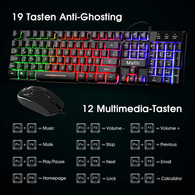 mafiti Tastatur und Maus Set, Kabelgebundenes, LED Hintergrundbeleuchtung QWERTZ (DE-Layout), Regenbogen Farben Beleuchtetung für Gaming und Büro