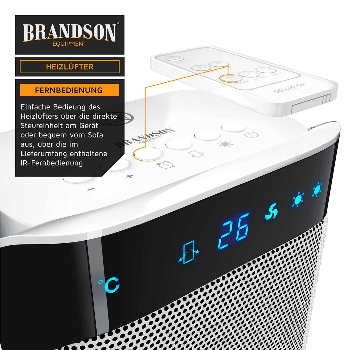 Brandson - Heizlüfter mit Fernbedienung - Keramik-Heizlüfter Badezimmer energiesparend, leise - Schnellheizer mit Oszillationsfunktion - 2x Heizstufen - Timer - Heizung Heater - GS-zertifiziert