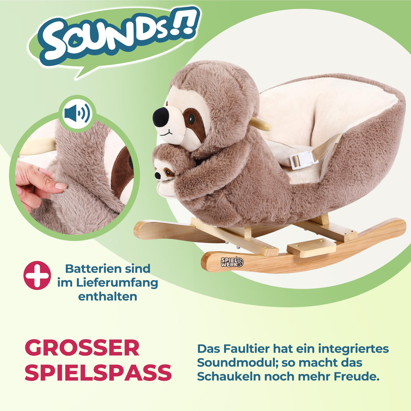 Spielwerk® Schaukeltier Faultier mit Babyfaultier inkl. Sound Effekt Sicherheitsgurt Plüsch Schaukel Wippe Kinder Baby Spielzeug Balancetraining besonders weich Schaukelpferd