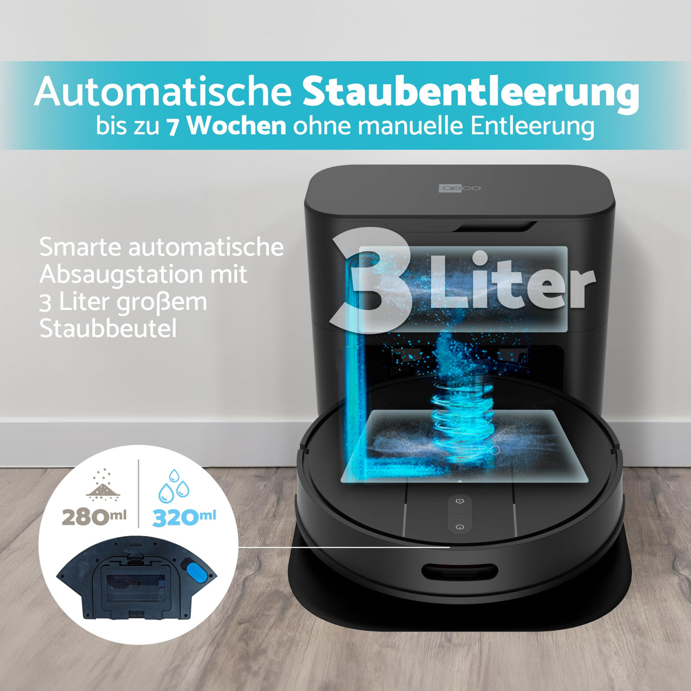 aeco VacuBot X5 PLUS Saug/Wischroboter & Absaugstation 5000Pa Saugkraft/LDS Navigation/120m²Saug- & 100m²Wischbereich/160min Akkulaufzeit/18mm Hindernisüberwindung/Infrarot Fernbedienung/App-Steuerung