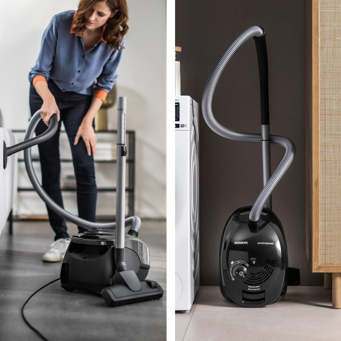 Siemens Staubsauger mit Beutel synchropower VS06A212, Bodenstaubsauger, Hygiene-Filter, Bodendüse für Parkett, Teppich, Fliesen, starke Saugleistung, langes Kabel, Fugendüse, 600 W, schwarz