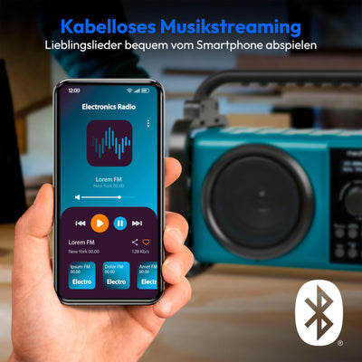 MEDION E66877 DAB+ Baustellenradio (Robustes Gehäuse, Spritzwassergeschützt (IP44), Bluetooth 5.0, PLL UKW Radio, LED-Arbeitslicht, Akku- und Netzbetrieb) blau