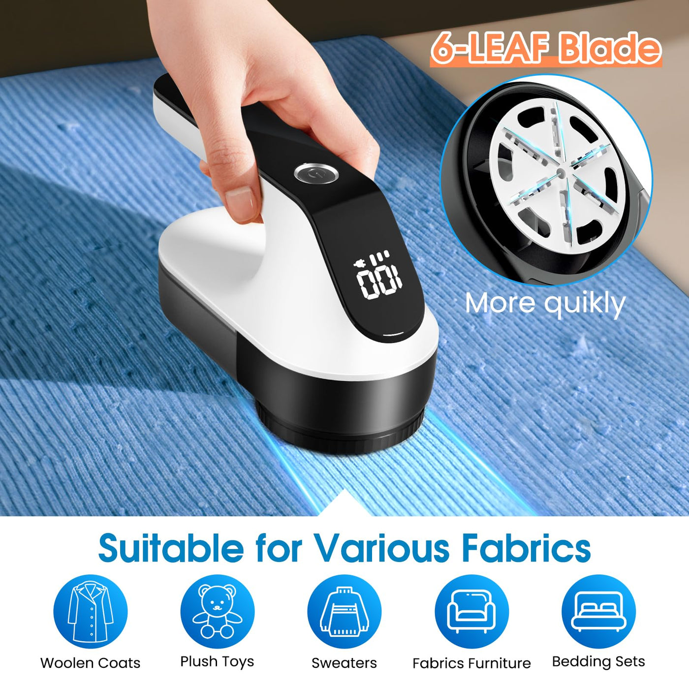 maxtachi Fusselrasierer Elektrisch Aufladbar, Fusselentferner Entfussler für Kleidung mit 3 Geschwindigkeiten, 6-Klingen-Kopf Flusenentferner für Alle Stoffe, LED-Anzeige Wollrasierer Lint Remover