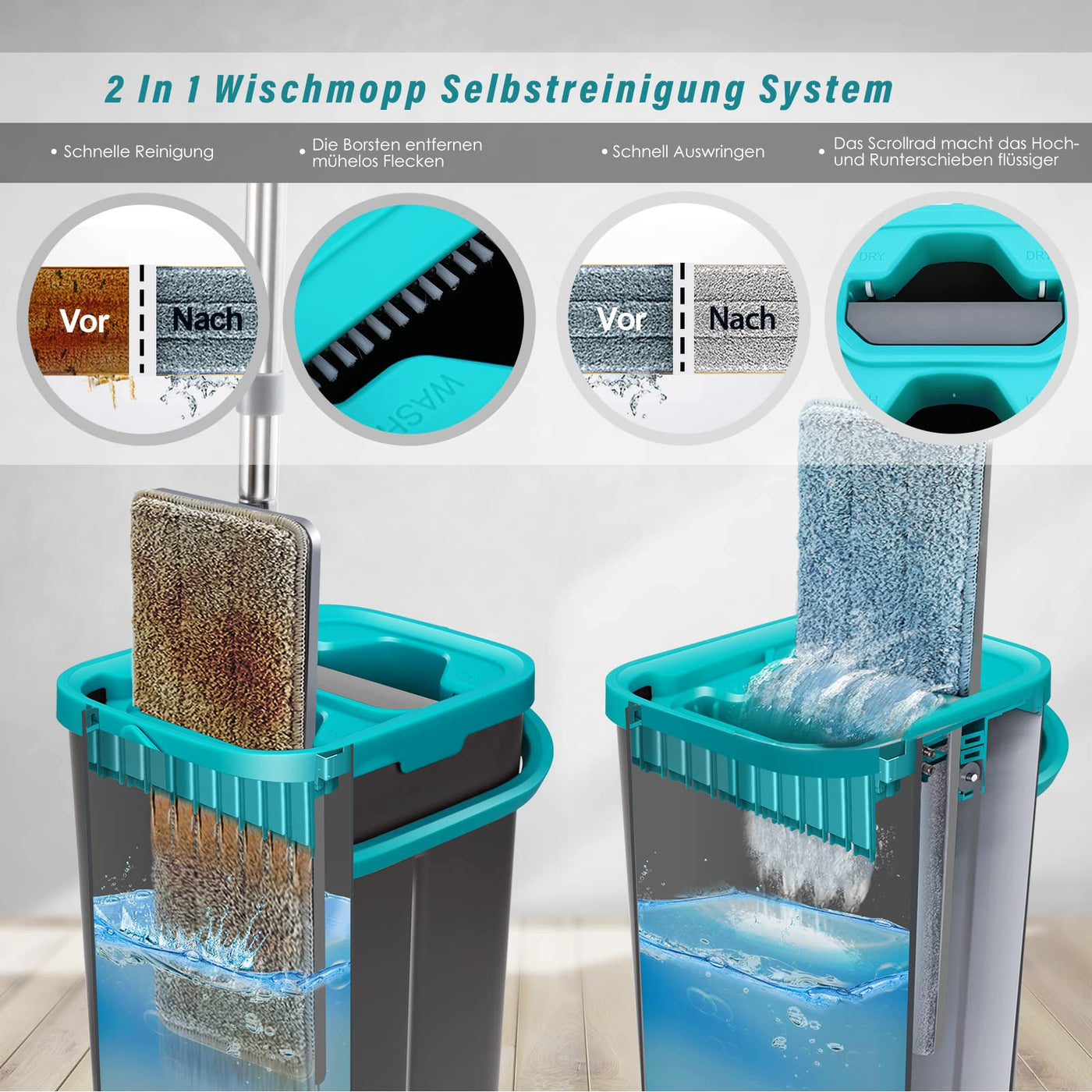 Myiosus Wischmopp Set mit Eimer, Bodenwischer mit Auswringfunktion, 6 Mikrofaser Mehrweg Wischpads Enthalten, Putzeimer mit Wischmop, Mop and Buckets Sets für Hartholz Fliesen Marmor Laminat
