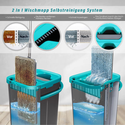 Myiosus Wischmopp Set mit Eimer, Bodenwischer mit Auswringfunktion, 6 Mikrofaser Mehrweg Wischpads Enthalten, Putzeimer mit Wischmop, Mop and Buckets Sets für Hartholz Fliesen Marmor Laminat