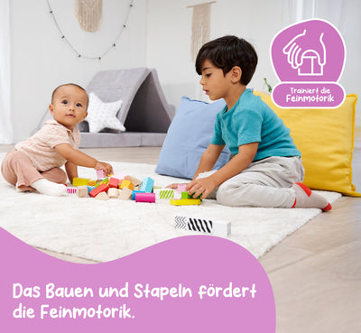 Eichhorn – bunte Holzbausteine – 50 Stück in Box, Bauklötze mit Bedruckung, aus Birkenholz, für Kinder und Babys ab 12 Monaten, Holzspielzeug, Verpackung kann variieren