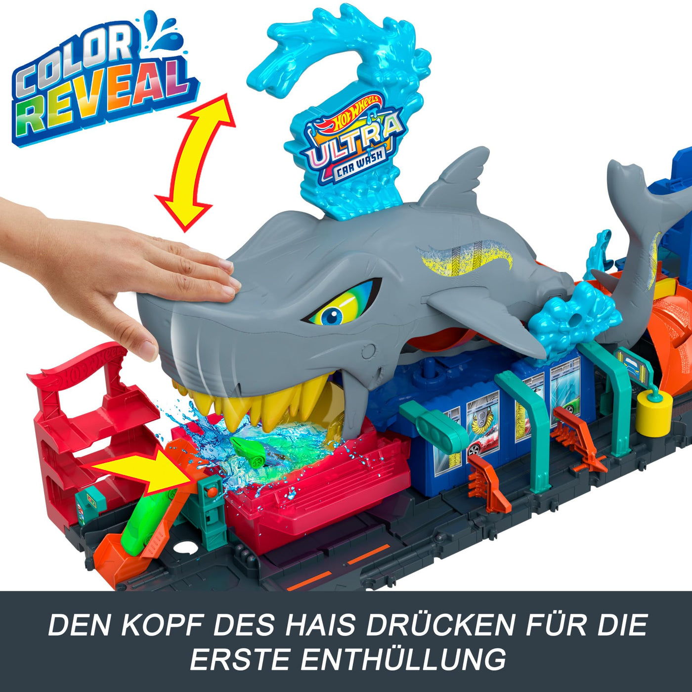 Hot Wheels Let's Race Netflix -City Spielzeugauto-Trackset, Ultimative Hai-Autowaschanlage mit Spielzeugauto im Maßstab 1:64, Farbwechselfunktion, wiederholbarer Farbwechsel-Effekt, Aufbewahrung,HTN82