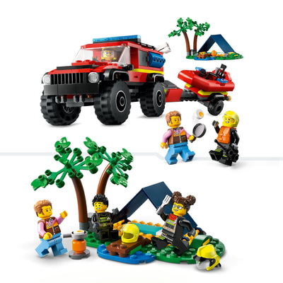 LEGO 60412 City Feuerwehrgeländewagen mit Rettungsboot, Offroad-Auto-Spielzeug für Kinder ab 5 Jahren, Rettungswagen mit Schlauchboot, Anhänger, Zelt und 3 Minifiguren, Geschenk für Jungs und Mädchen
