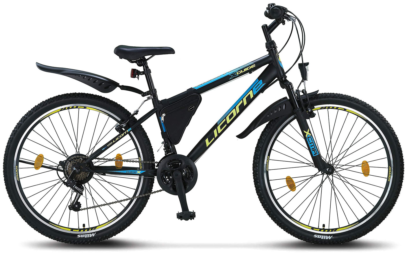 Licorne Bike Guide Premium Mountainbike in 20, 24, 26, 27.5 und 29 Zoll Fahrrad für Mädchen Jungen Herren und Damen (26 Zoll, Schwarz/Blau/Lime)