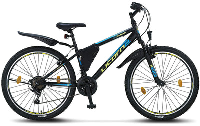 Licorne Bike Guide Premium Mountainbike in 20, 24, 26, 27.5 und 29 Zoll Fahrrad für Mädchen Jungen Herren und Damen (26 Zoll, Schwarz/Blau/Lime)