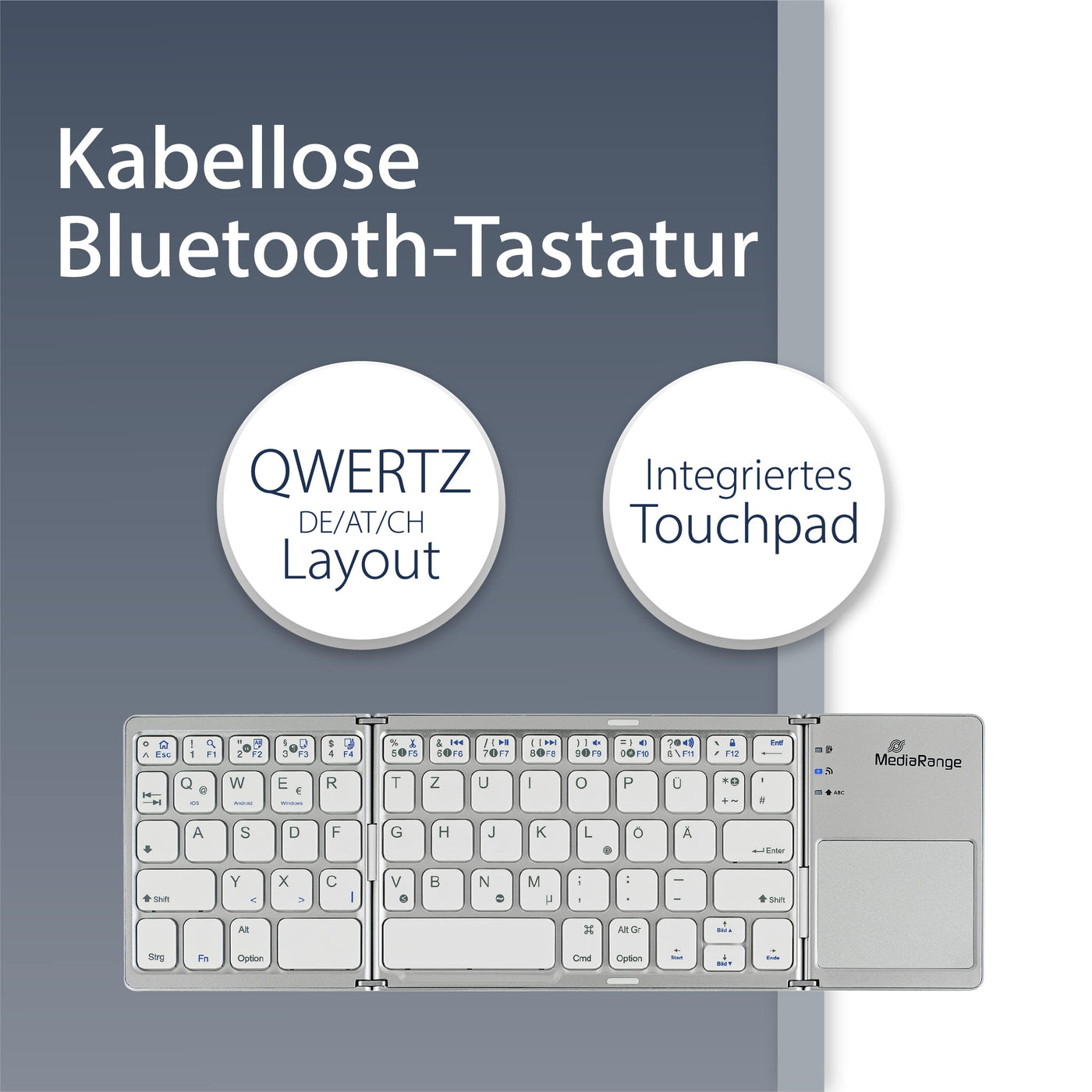 MediaRange kompakte Funk-Tastatur mit 63 Tasten und Touchpad, QWERTZ (DE/AT/CH) Tastaturbelegung, silber