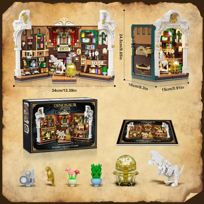 INSOON Dinosauriermuseum Book Nook Bauspielzeugset mit Licht, DIY Booknook Klemmbausteine Baustein Set Haus Dekor, 1500 Stück Miniatur Haus Bauset Geschenk für Erwachsene Kinder Mädchen Jungen 12+