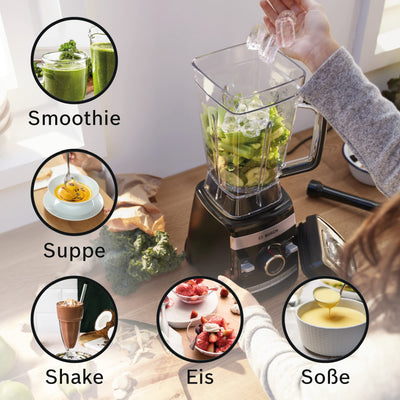 Bosch Standmixer VitaBoost MMBH6P6BDE, 6-Klingen-Edelstahlmesser, 2,5l Tritan-Mixbehälter, Stopfer, 6 Automatikprogramme, Rezeptbuch, BPA-frei, einfache Reinigung, 45,000 U/min, 1600 W, schwarz