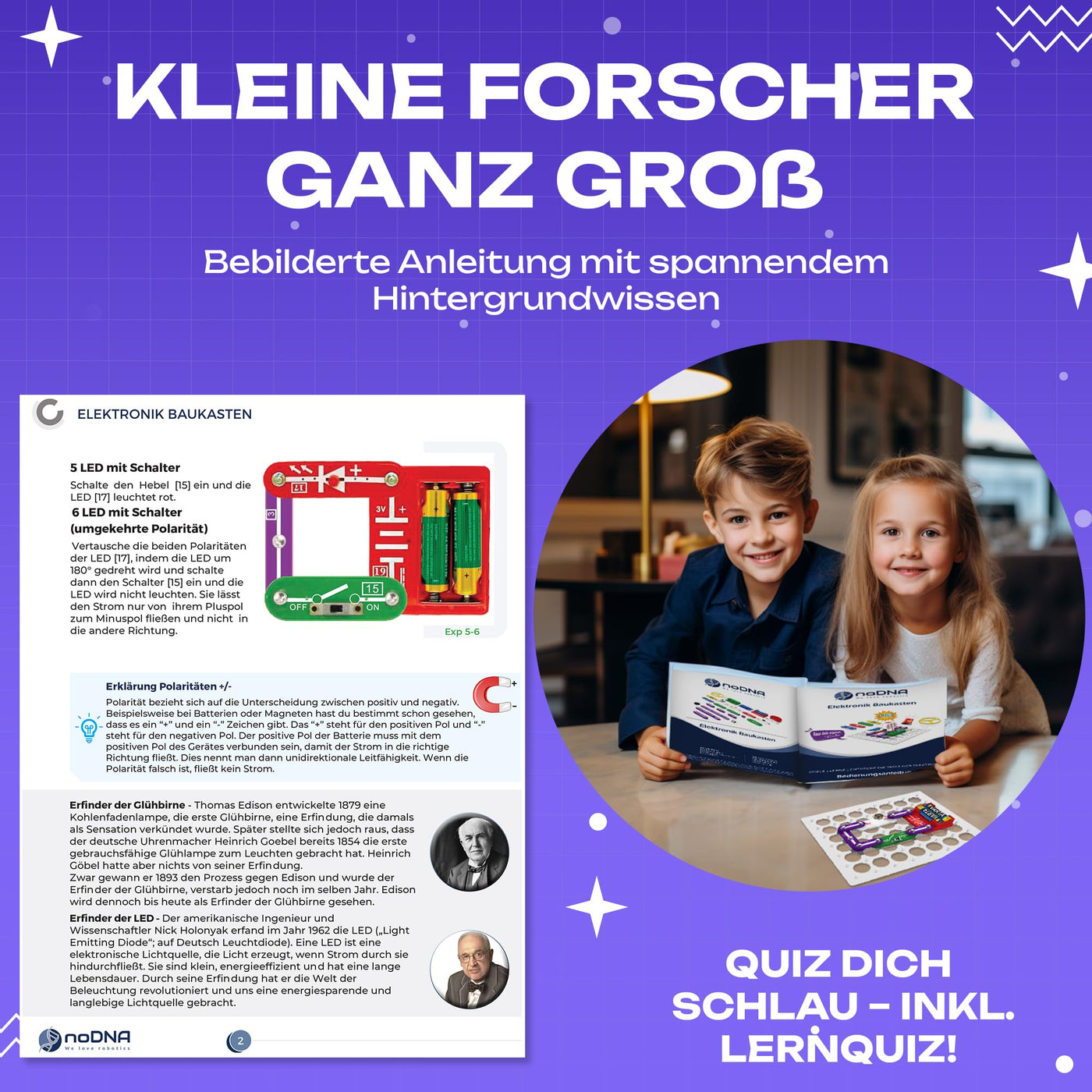 noDNA Elektronik Baukasten Kinder - 300 spannende Experimente für Kinder ab 8 Jahren, Elektro Experimentierkasten ab 8 Jahre inkl. Lernquiz & bebildeter Anleitung – Elektrobaukasten