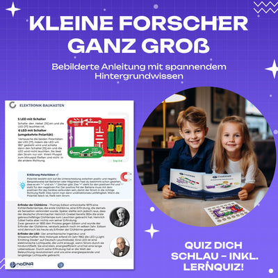 noDNA Elektronik Baukasten Kinder - 300 spannende Experimente für Kinder ab 8 Jahren, Elektro Experimentierkasten ab 8 Jahre inkl. Lernquiz & bebildeter Anleitung – Elektrobaukasten