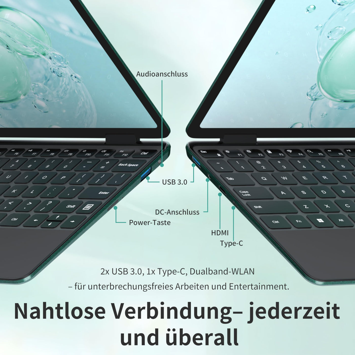 11" 2-in-1 Touchscreen Rosa Laptop, N100 Quad-Core Prozessor, 16GB RAM 512GB SSD, Gesichtserkennung, FHD IPS, 360° Klappbar (Grün, 32GB RAM | 1TB SSD)