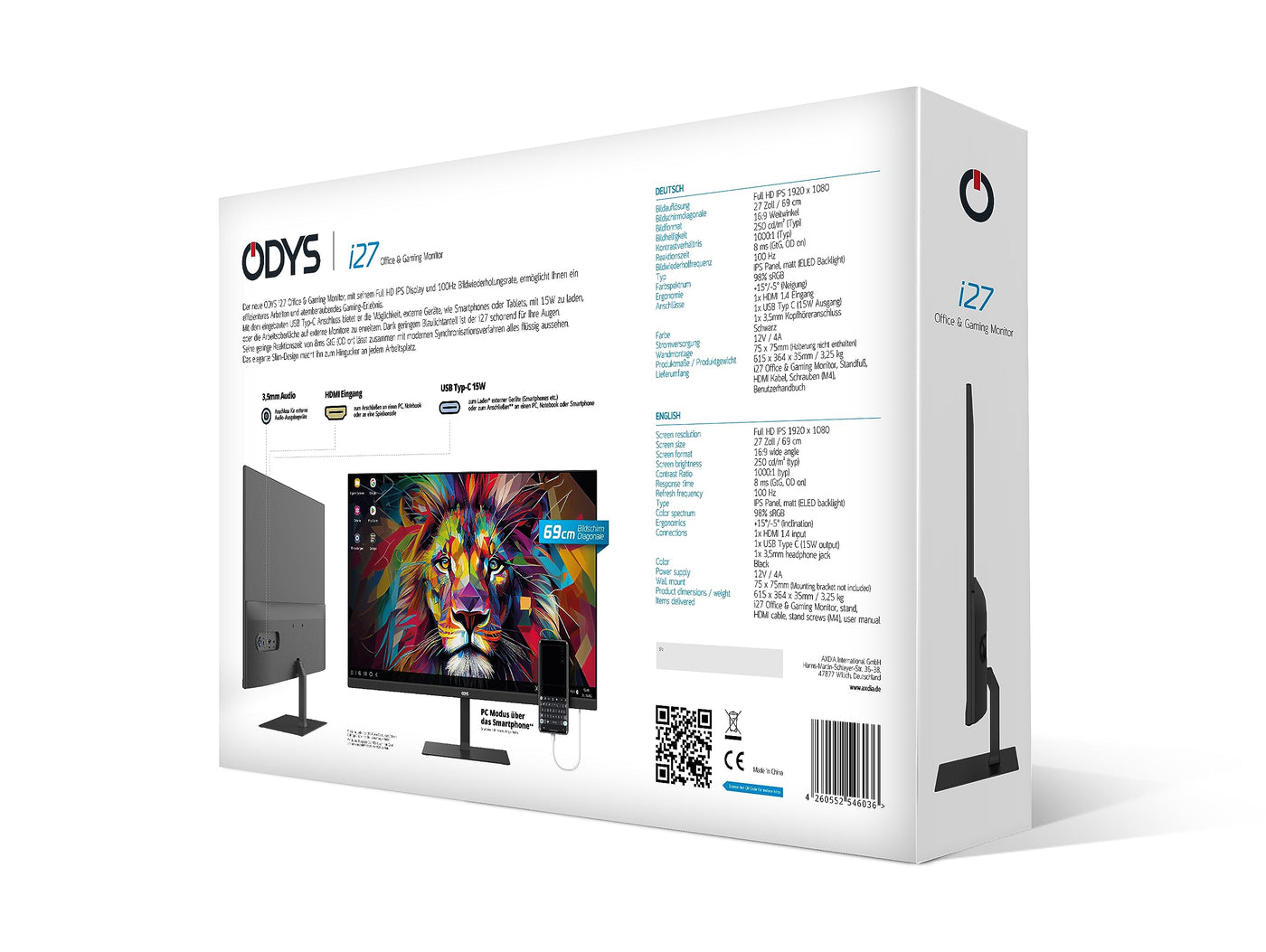ODYS i27 Monitor - 27-Zoll-Bildschirm im rahmenlosen Design, Full HD, 100 Hz, mit HDR, IPS Panel, FreeSync, HDMI, USB-C, 3,5mm Audio