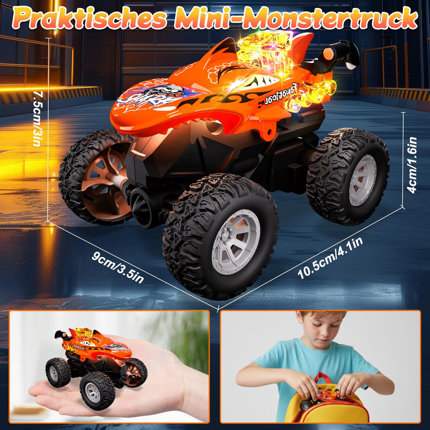 Mini Monstertruck Ferngesteuert, Hai Monster Truck mit Metallgehäuse & Licht, 2.4GHZ Ferngesteuerter Monstertruck mit 360°Drehung, USB-Type-C-Aufladung, 1/64 Ferngesteuertes Auto ab 3 4 5 6 7 8 Jahre