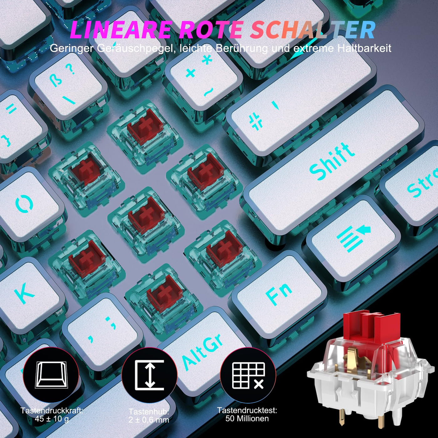 TECURS Gaming Tastatur Mechanische - Gamer Tastatur Programmierbare mit Magnetische Handgelenkauflage, Rote Schalter, 19 LED Modi, Multimedia-Tasten, PC Tastatur mit Kabel QWERTZ DE-Layout, Weiß