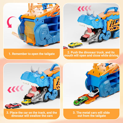 Shawe Dinosaurier Transporter Truck Auto Spielzeug ab 3 4 5 6 Jahre mit 6 Die-Cast-Fahrzeugen, Autorennbahn Aufbewahrung Verschlucken Transformierbar Spielzeugautos Geschenk für Jungen Mädchen Kinder
