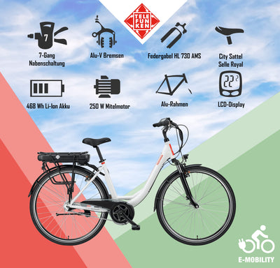 TELEFUNKEN E-Bike Damen 28 Zoll, Elektrofahrrad Alu mit 7-Gang Nabenschaltung - Pedelec Citybike, Mittelmotor 250W & 13Ah / 36V Lithium-Ionen-Akku, RC890 Multitalent