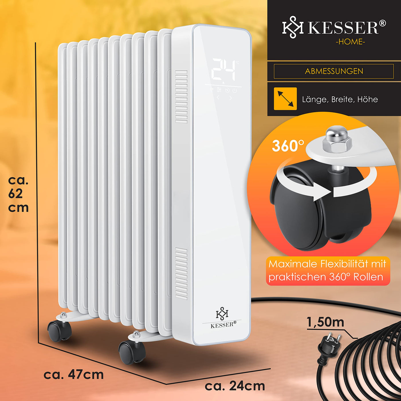 KESSER® Ölradiator 2500W Mobile Elektroheizung energiesparend mit WiFi App-Steuerung & LED Touch-Display Fernbedienung Öl Radiator Heizung elektrisch 11 Rippen Heizkörper 24h Timer Überhitzungsschutz