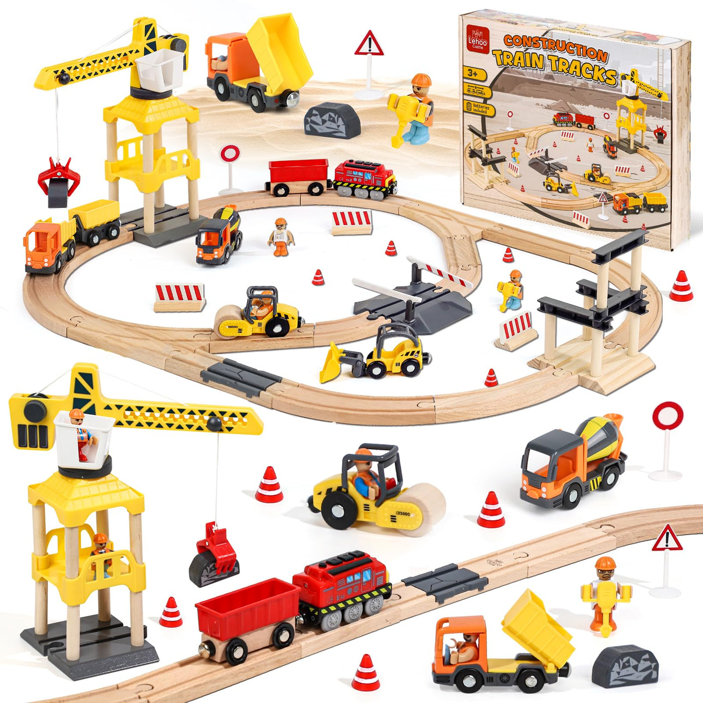 Lehoo Castle Holzeisenbahn, 68 Pcs Eisenbahn Holz mit Kran Spielzeug, Eisenbahn Kinder Elektrisch, Holz Eisenbahn Kinder mit Bagger