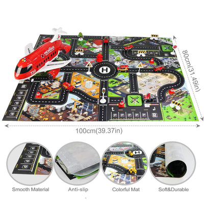 Coolplay Flugzeug Spielzeug Auto Set, 1 Groß Flugzeug 6 Feuerwehrauto mit Verkehrsschilder Spielzeug für ab 3-6 Jahre Junge Kinder