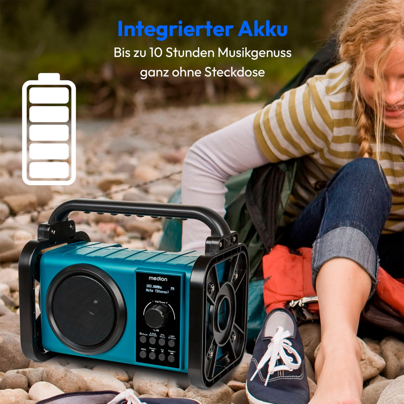 MEDION E66877 DAB+ Baustellenradio (Robustes Gehäuse, Spritzwassergeschützt (IP44), Bluetooth 5.0, PLL UKW Radio, LED-Arbeitslicht, Akku- und Netzbetrieb) blau