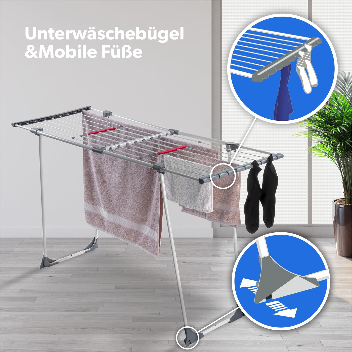 KADAX Teleskop Wäscheständer mit 20m Trockenleinenlänge, ausziehbarer Wäschetrockner für Bettwäsche, großer Flügelwäscheständer aus pulverbeschichteten Stahl (Grau)