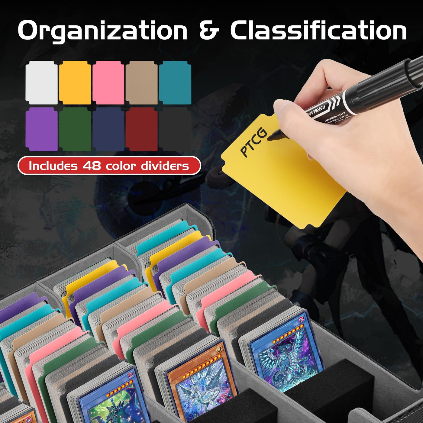 CAUTIOUS 5R Pokemon Deck Box, Sammelkarten Box für 3800+ Karten, MTG-deck Box, Trading Card Box mit 5 Verstellbaren Kartentrennern, mit 48 kompatiblen Kartenteilern (schwarz+grau)