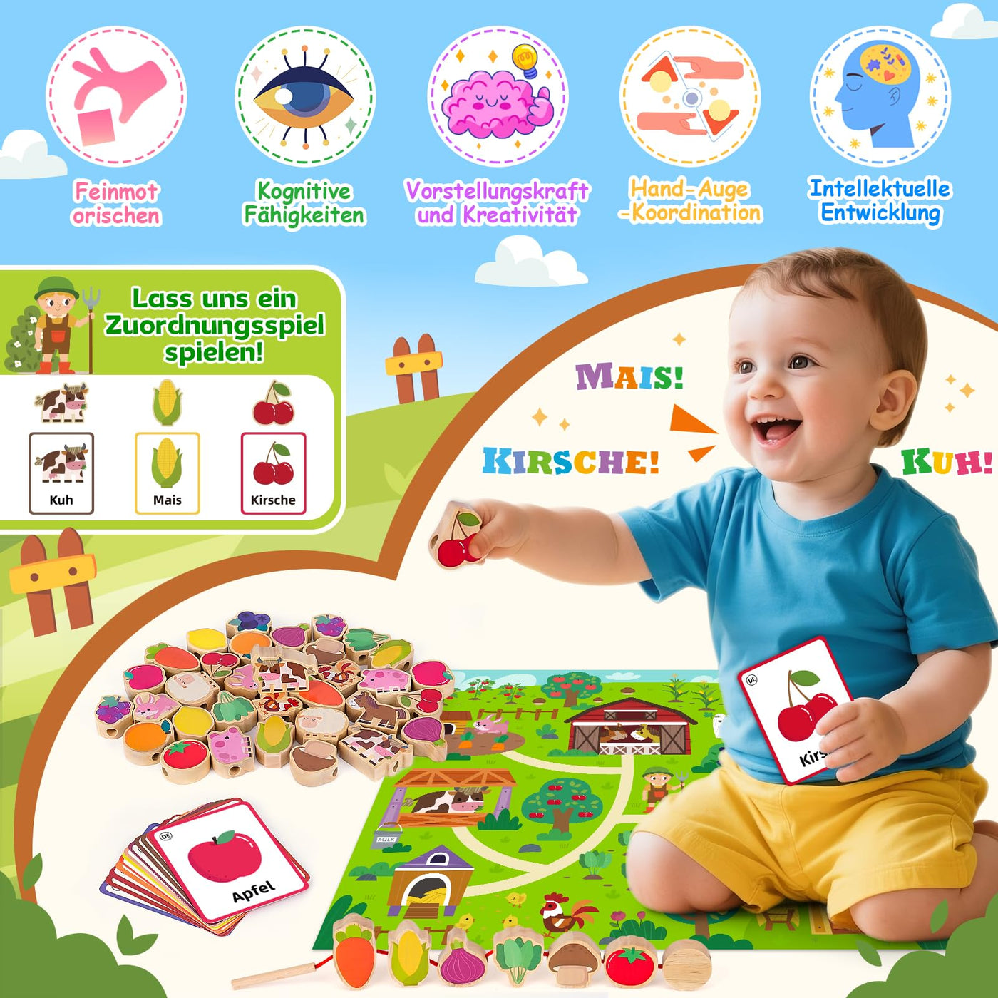 Montessori Spielzeug ab 2 1 3 Jahre: Geschenk Mädchen 1-3 Jahre Junge Fädelspiel Bauernhof Motorikspielzeug für Kinderspielzeug ab 2-3 Jahr Mädchen Holzspielzeug Lernkarten für Kleinkinder ab 2 Jahren
