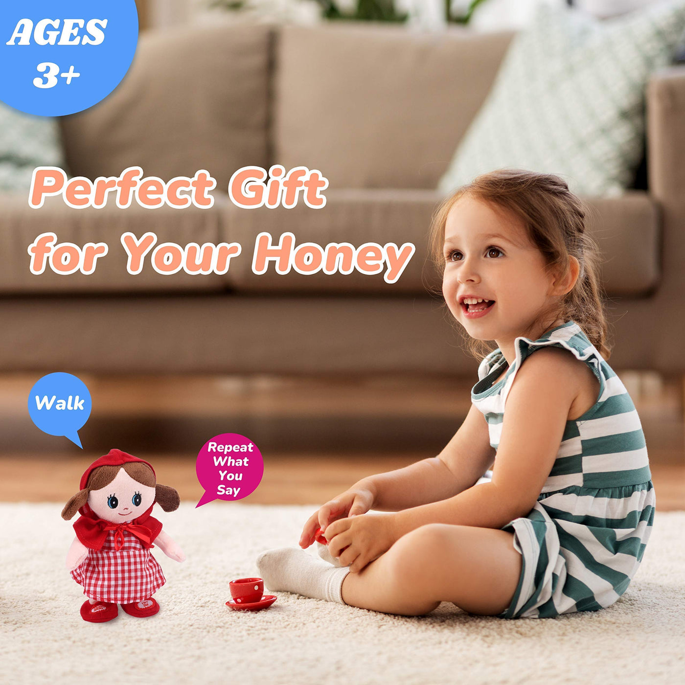 Hopearl Sprechende Singende Puppe Wiederholt Gesagtes Laufend Elektrisch Interaktiv Animiertes Spielzeug Sprechendes Plüschtier Geschenk für Kleinkinder, 20 cm