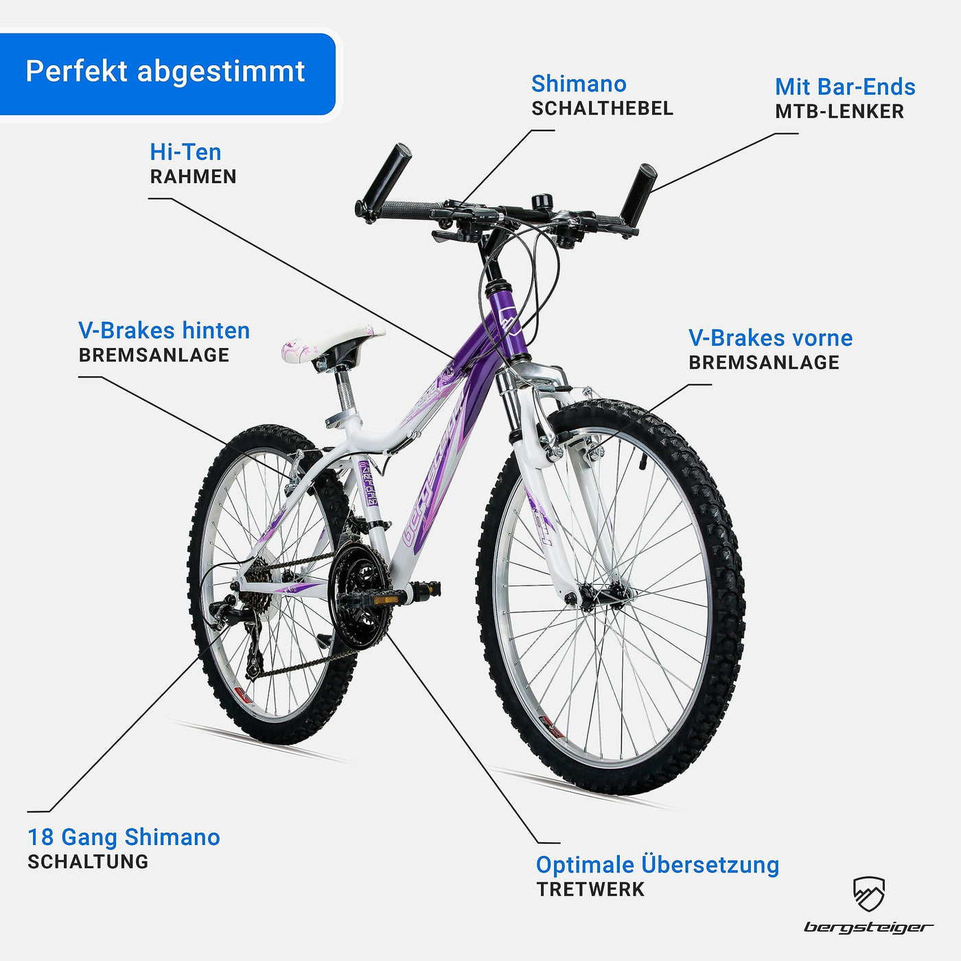 Bergsteiger Verona 24 Zoll Kinderfahrrad, geeignet für 8, 9, 10, 11 Jahre, 18 Gang-Schaltung, Mountainbike mit Gabel-Federung, Mädchen-Fahrrad