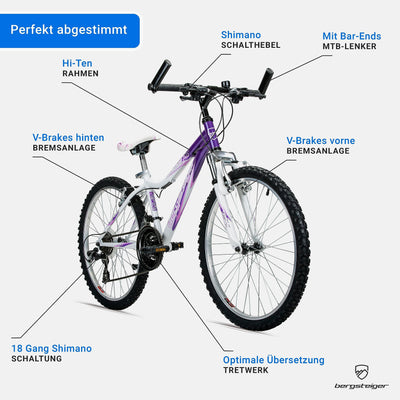 Bergsteiger Verona 24 Zoll Kinderfahrrad, geeignet für 8, 9, 10, 11 Jahre, 18 Gang-Schaltung, Mountainbike mit Gabel-Federung, Mädchen-Fahrrad