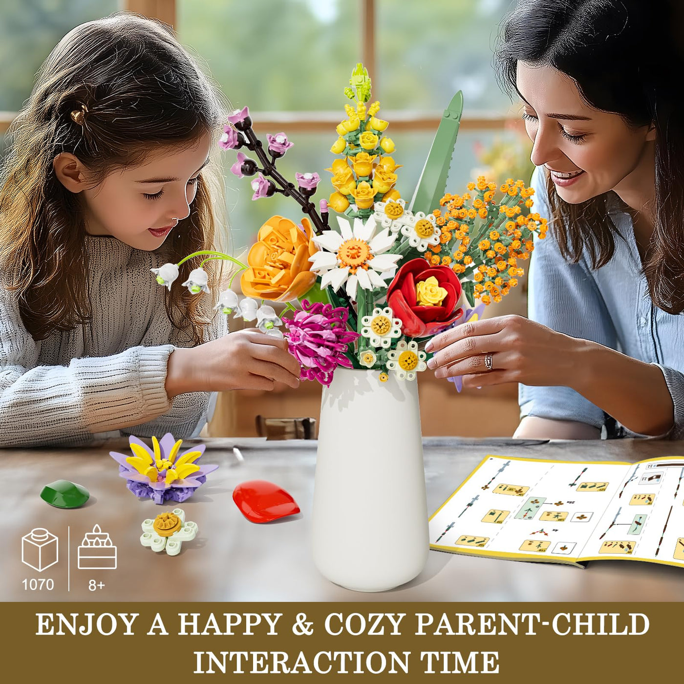 Blumen Bausteine Set für Erwachsene, 1070 Stück Blumenstrauß, künstliche Blume Bauklötze Bausatz Spielzeug für Frauen Mädchen, Home Deko Geschenk für Geburtstag, Muttertag, Weihnachten (keine Vase)