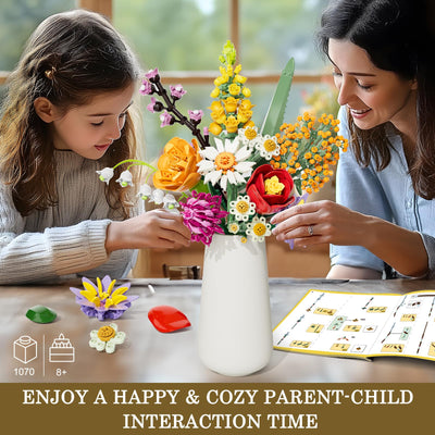 Blumen Bausteine Set für Erwachsene, 1070 Stück Blumenstrauß, künstliche Blume Bauklötze Bausatz Spielzeug für Frauen Mädchen, Home Deko Geschenk für Geburtstag, Muttertag, Weihnachten (keine Vase)