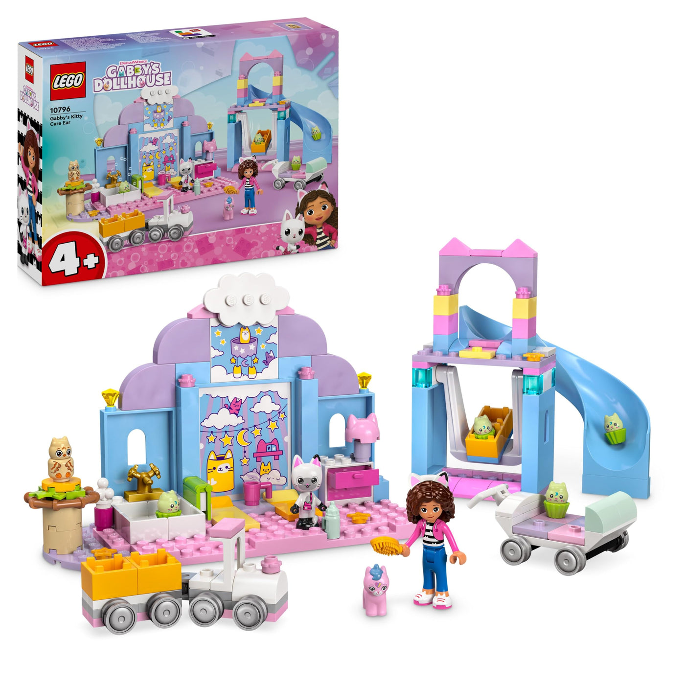 LEGO Gabby's Puppenhaus – Gabbys Katzenpflege Spielset – Kreatives Tier Spielzeug - Bauset mit Auto, Zug, Rutsche, Minifiguren & Zubehör – Kinder Geschenk für Mädchen ab 4 Jahren – 10796