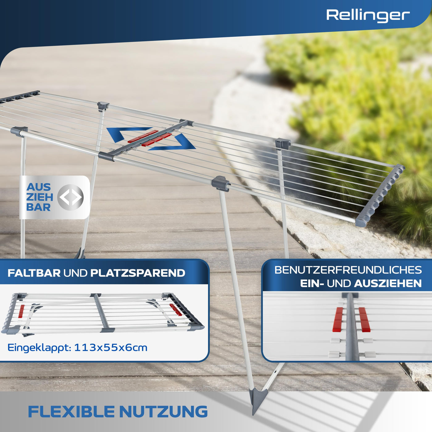 RELLINGER® Wäscheständer ausziehbar [20M TROCKENLÄNGE] - Wäscheständer hoch - Premium Wäschetrockner Ständer - Faltbarer Wäscheständer XXL - ausziehbarer Wäscheständer - Standtrockner rutschfest